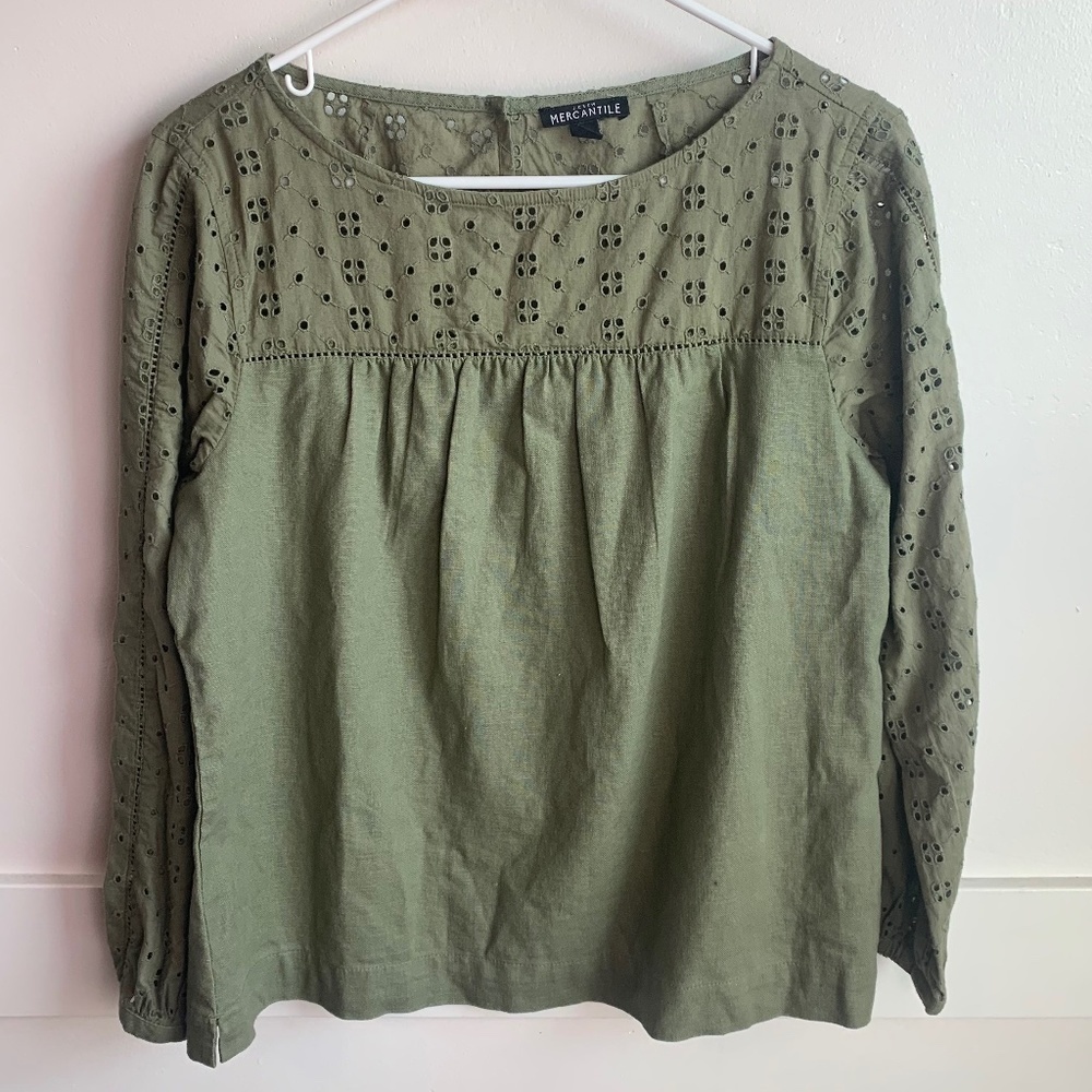 J. Crew Mercantile Olive Green Eyelet Linen Long Sleeve Blouse - Picture 3 of 7